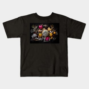 Autumnal background with dried leaves and various fruits Kids T-Shirt